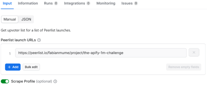 Apify inputs for Peerlist scraper